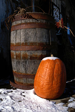 Pumpkin with barrel on porch